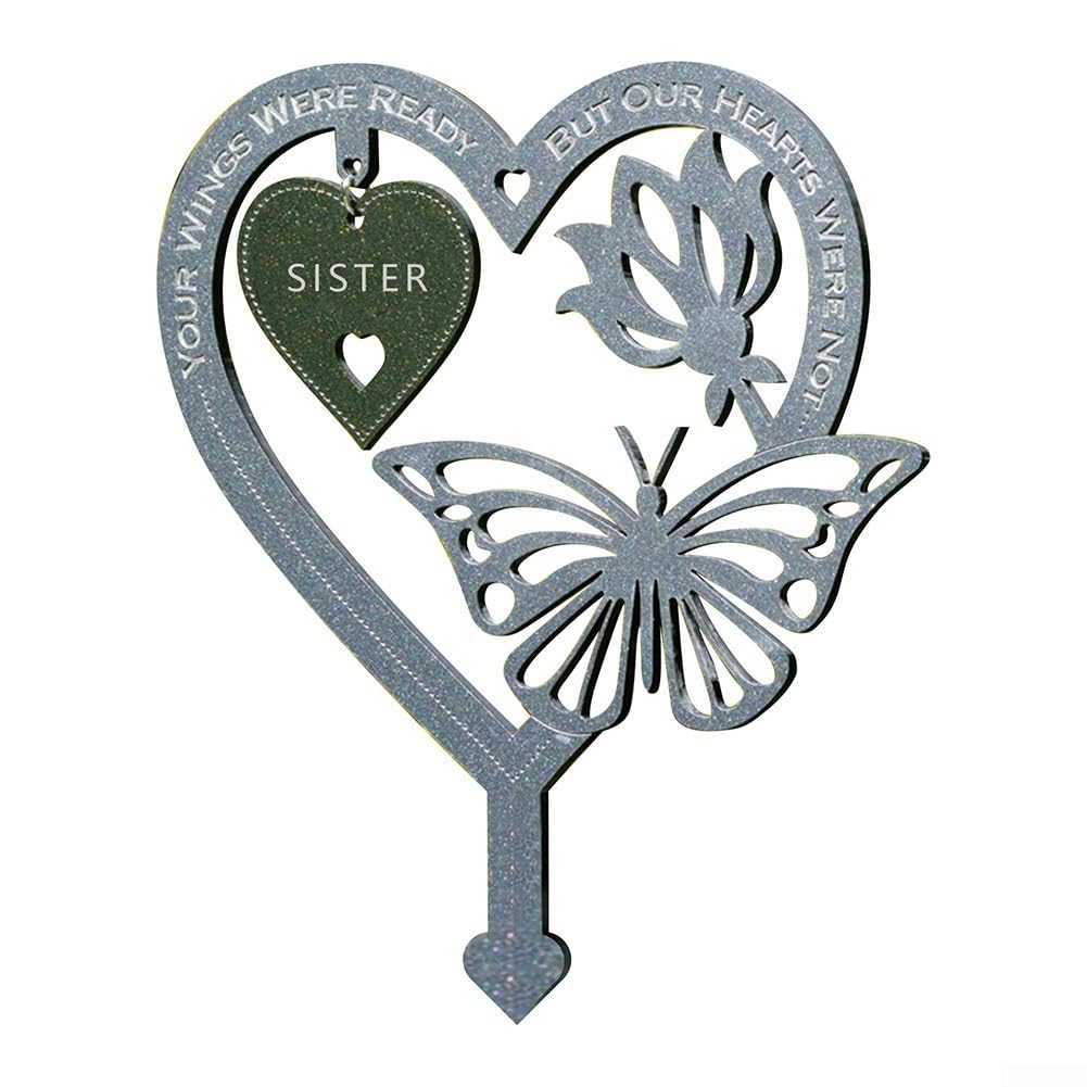 Graveside Memorial Plaque Stake Elegant Heart Shaped Garden Memorial With Butterfly Flowers For Remembrance Deceased(Sister)