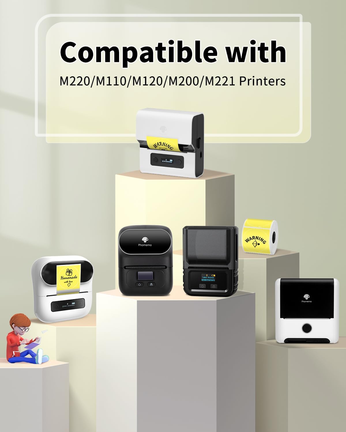 Phomemo Thermal Sticker Label for M110/M100/M220/M250/M108 Label Printer, 1.96" x 1.96"(50x50 mm), Black on Yellow, 140 Labels/Roll, for Barcode/Address/Mailing/Logo/Business/Home Tag - Image 5