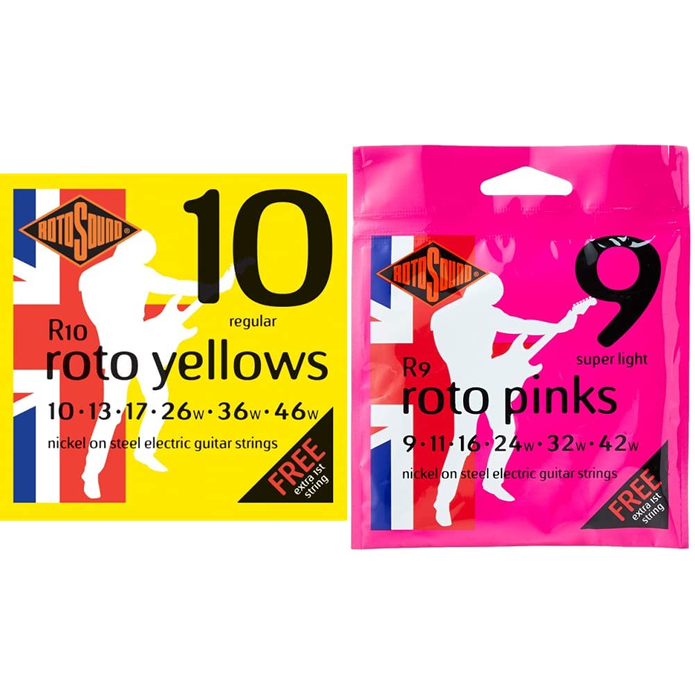 R10 Nickel Regular Gauge Electric Guitar Strings (10 13 17 26 36 46), Pack of 7, yellow pack & Nickel Super Light Gauge Electric Guitar Strings (9 11 16 24 32 42), R9