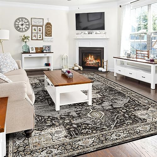 RUUGME Washable 8x10 Area Rugs - Large Rugs for Living Room Stain Resistant Carpet Vintage Rugs for Bedroom with Non Slip Backing Home Decor Floor Decoration Mat (8x10 Black)