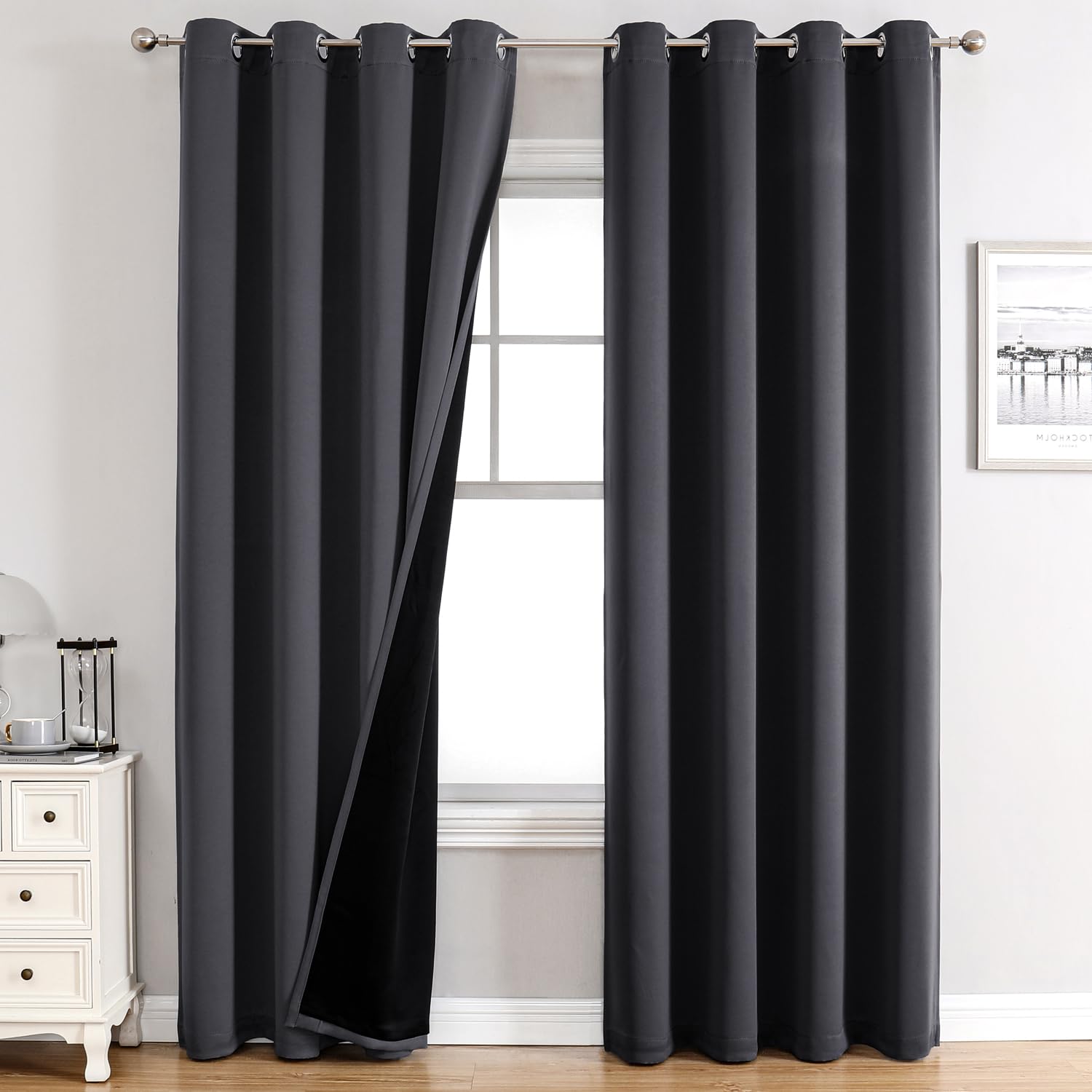 ChrisDowa 100% Blackout Curtains for Bedroom with Black Liner, 2 Thick Layers Total Blackout Thermal Insulated Grommet Window Curtains 84 Inch Long 2