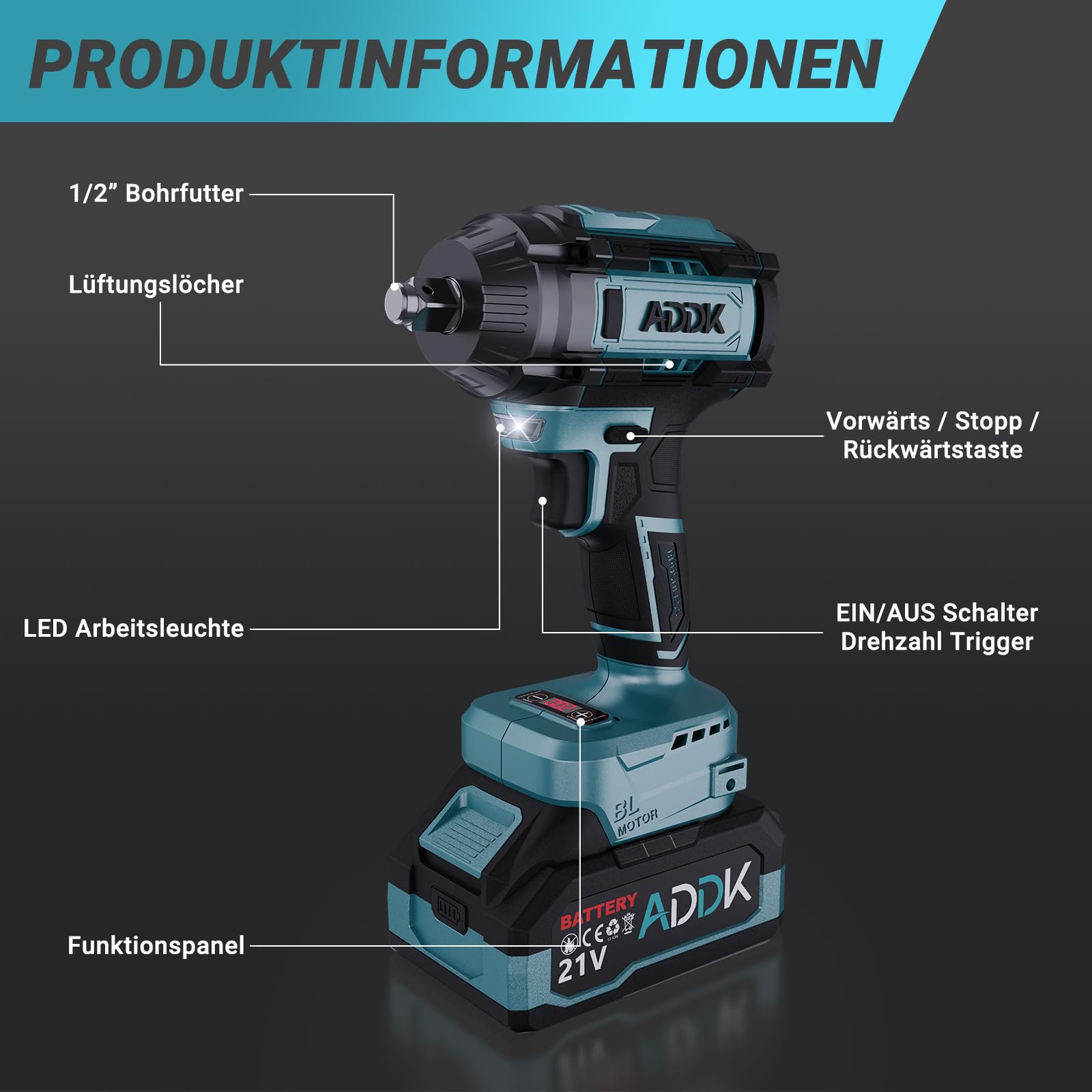 Akumulatorowa wkrętarka udarowa, 3 w 1, profesjonalna 550 Nm/1000 Nm, 21 V, bezszczotkowa, światło LED, 4 końcówki, 4 wiertła, rękawiczki, torba na narzędzia, do samochodu, wymiana opon (1000 Nm