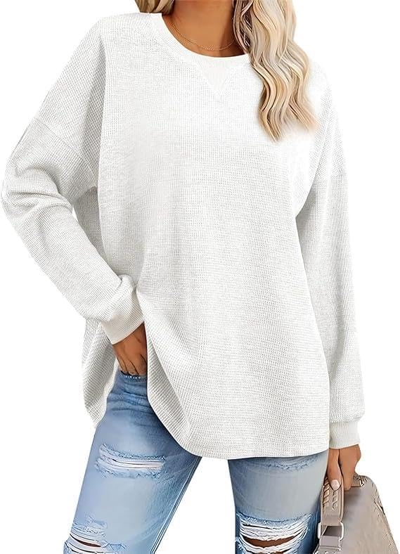 FMCHICO Long Sleeve Waffle Knit Top Crew Neck Oversized Womens Casual Tops Plus Size Sweatshirt for Women