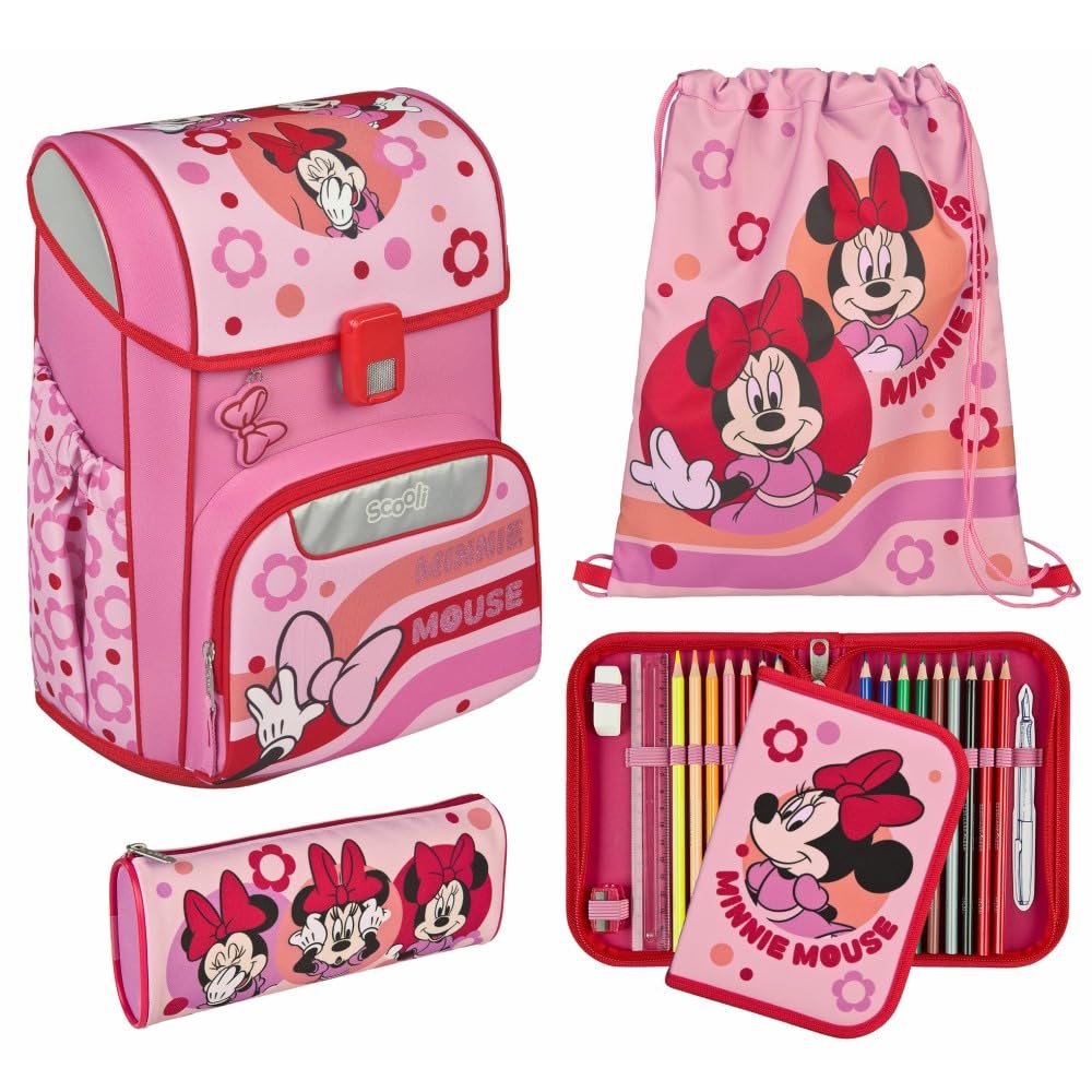 Scooli Schulranzen 1.Klasse Mädchen EasyStart Schulranzen-Set geeignet für Minnie Mouse-Fans (11tlg. mit Sporttasche, Brotdose, Trinkflasche, passend Stifteköcher, Platzdeckchen, Schultüte)
