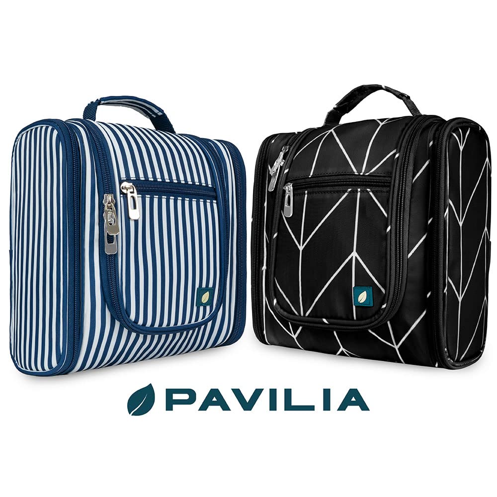 PAVILIA Hanging Toiletry Bag for Women Men, Travel Toiletry Bag Organizer for Toiletries, Cosmetics, Makeup Bag with Mesh, Water Resistant Pockets (Black Chevron)