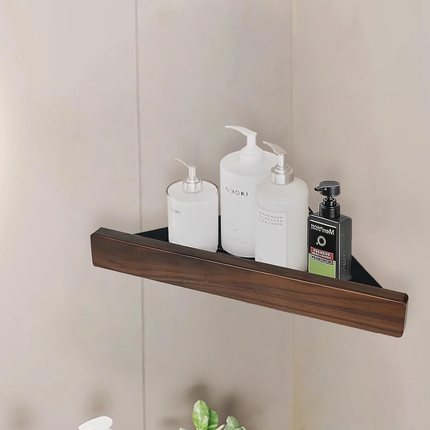 CAUSXIAOFA Bathroom Corner Shelf 1-Pack Shower Shelves Corner with High Guardrail - No Drilling Shower Caddy Solid Walnut