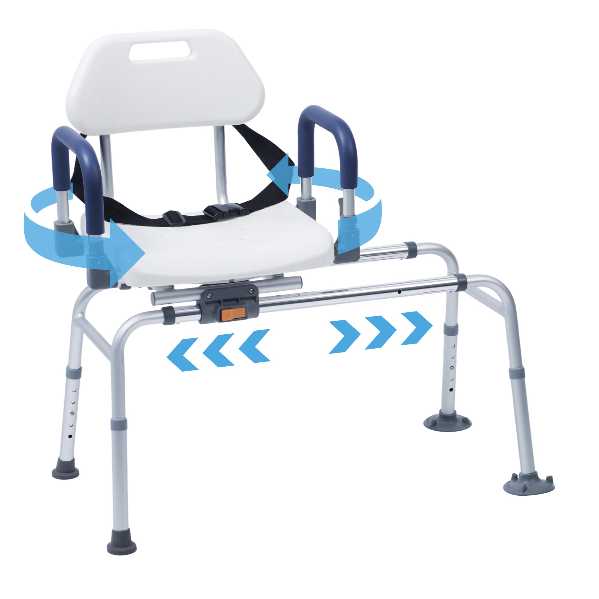 Helivora Sliding Shower Chair Tub Transfer Bench with Swivel Seat, Rotating Bathtub Bench with Pivoting Armrests and No-Slip Suction Cups for Elderly