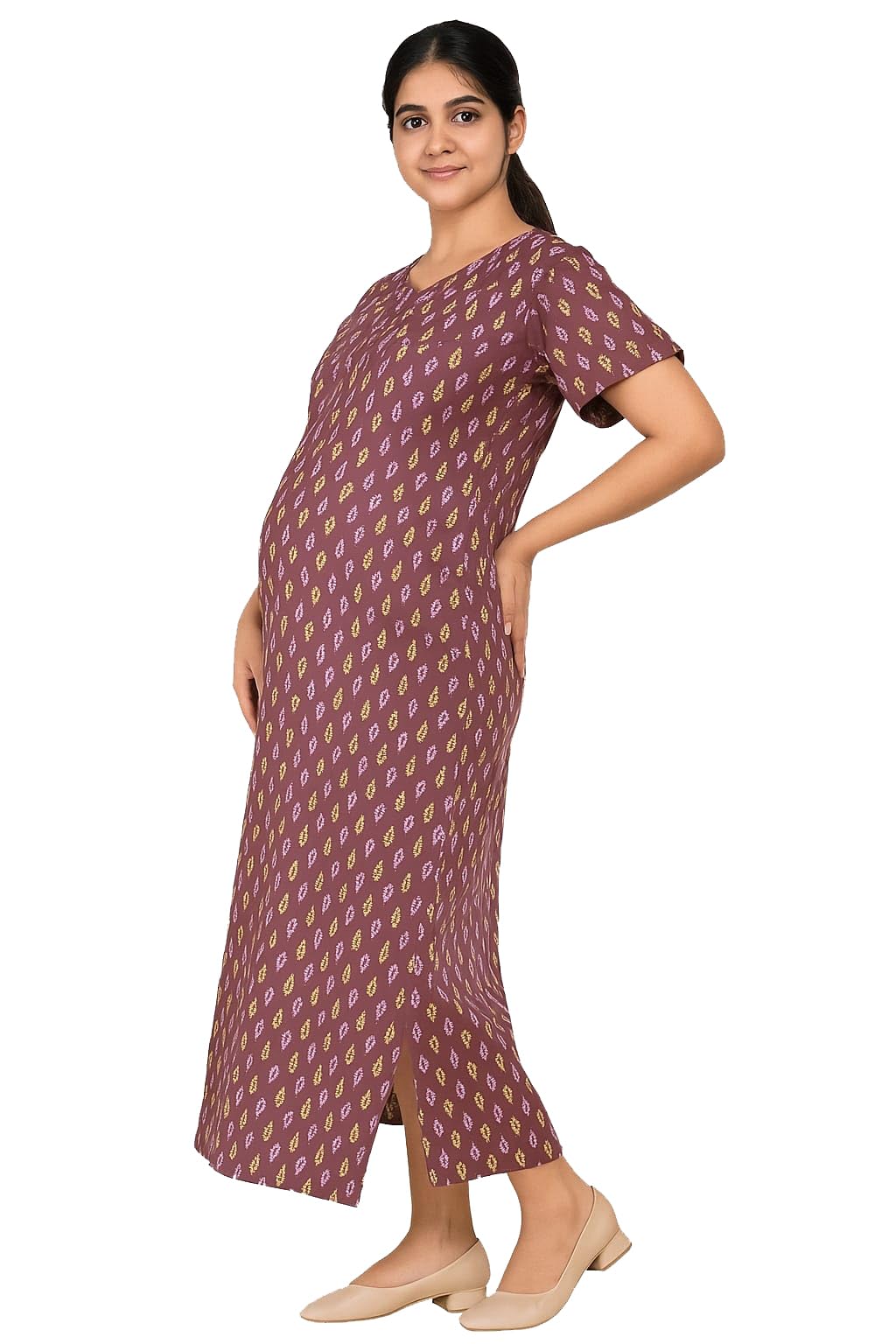 Brown Floral Pure Cotton Maternity Maxi/Nighty/Free Size/Feeding/Nursing/Zipper/with Pocket-image-46