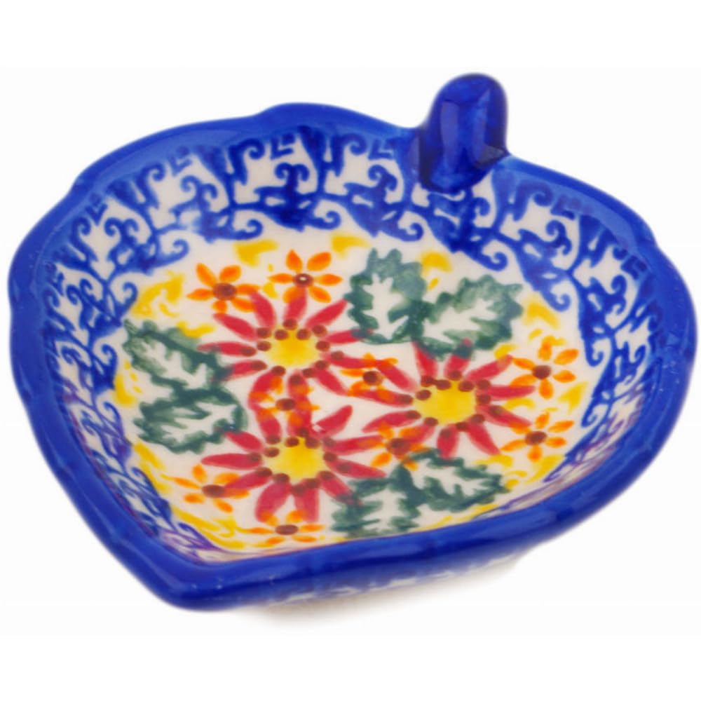 Authentic Polish Pottery Tea Bag or Lemon Plate in Red Chrysanthemums Design Handmade in Boles?awiec Poland + Certificate of Authenticity