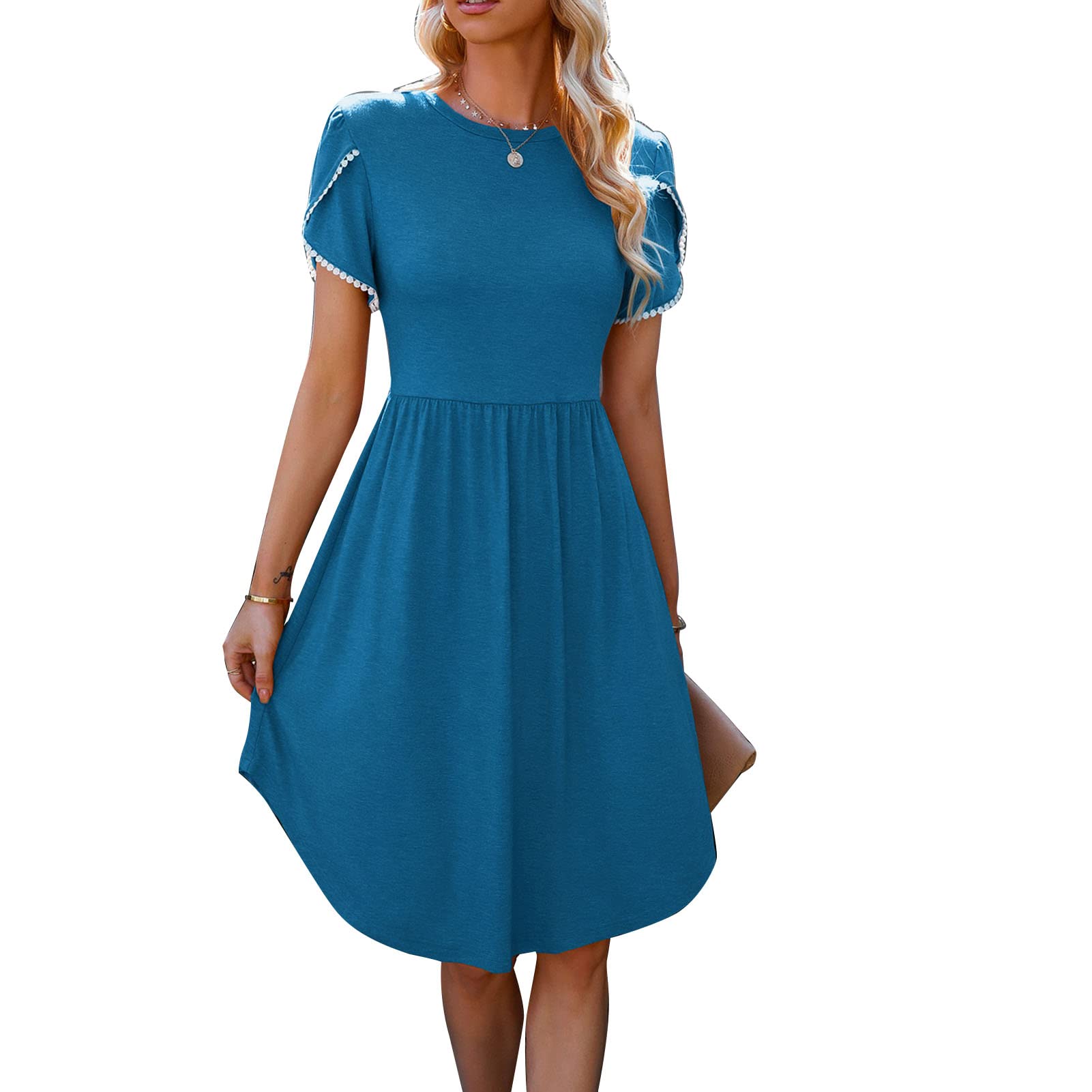 Ejoyous Vestido Midi para Mujer, Suelto, Casual, Dobladillo Cruzado, Encaje, Manga Corta, Vestido de Verano, Cuello Redondo, Vestido de Cuello Redondo con Manga de Encaje, Plisado, Columpio, Casual,(M-Azul)