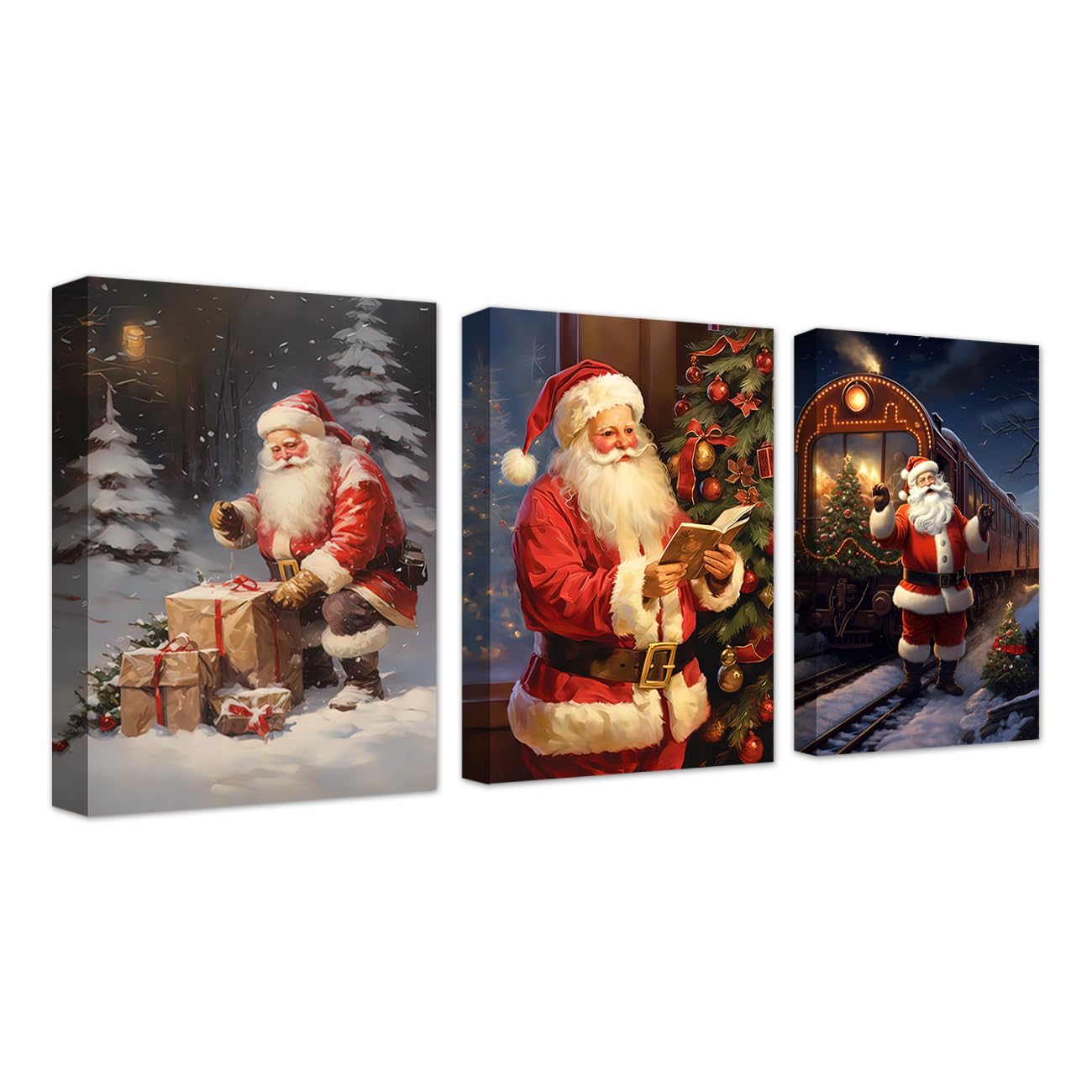 CXHOSTENT Santa Claus Canvas Wall Art Christmas Decor 3 Piece Santa Portrait Paintings Prints New Year Decor Gifts Framed (Santa Claus-2