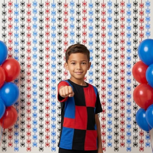 Image of TONIFUL 2Pcs Black Red Blue Spider Cutouts Metallic Foil Fringe Curtains | 3.3ftx6.6ft Photo Booth Backdrop Door Tinsel Streamers, Props for Spider Themed Birthday Halloween Baby Shower Decorations