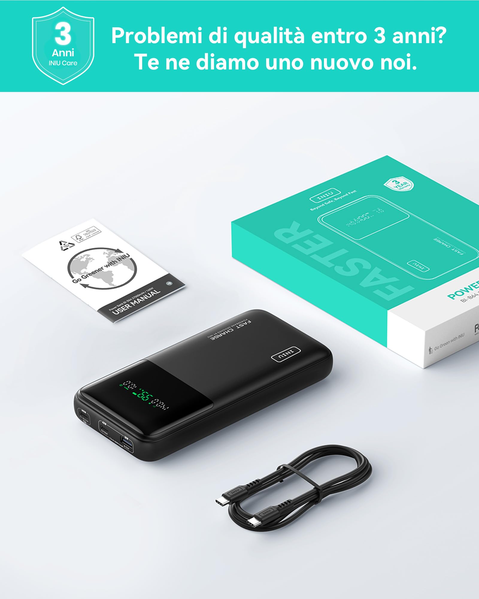 INIU Power Bank 27000mAh 140W, Caricatore Portatile per Laptop con Cavo Incorporato e Display Digitale, 3 Porte Ricarica Rapida, Batteria Esterna per MacBook iPhone Steam Deck iPad Samsung
