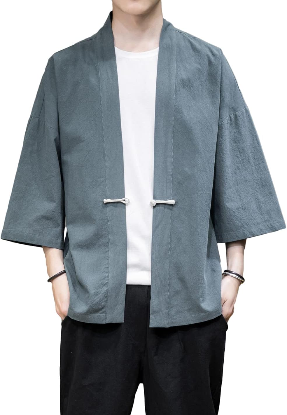 PRIJOUHE Men's Kimono Jackets Cardigan Casual Cotton Blends Linen Seven Sleeve Open Front Embroidery Coat