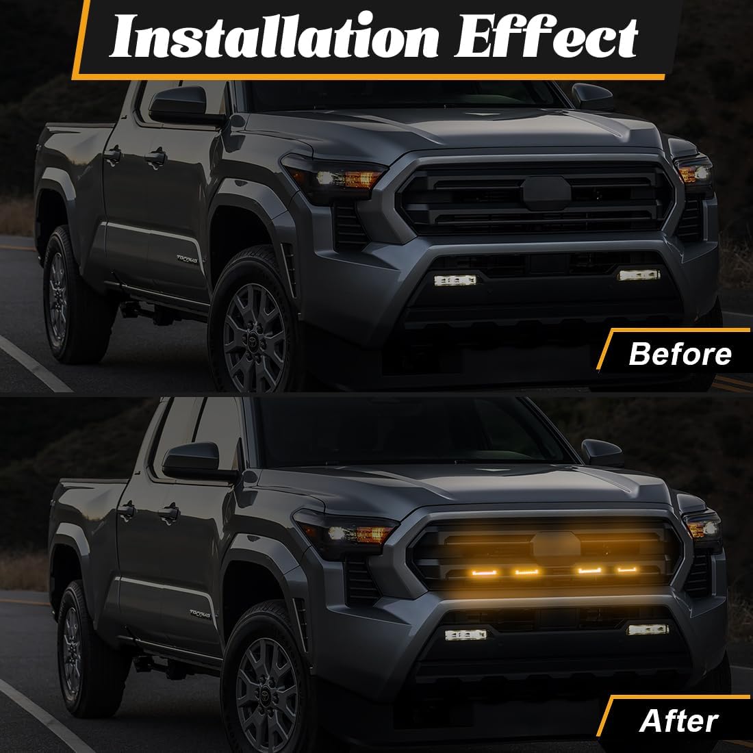 Amber LED Grille Lights for Tacoma SR5 2024 2025, 4Pcs Smoked Lens Front Grill Light Kit for Toyota Tacoma SR 2024-2025