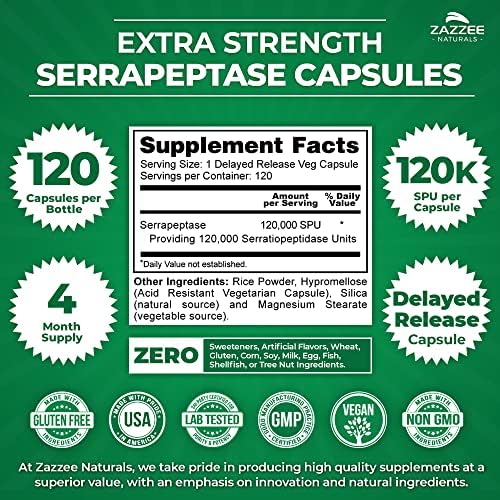 Zazzee Extra Strength Serrapeptase 120,000 SPU, 120 Vegan Capsules, Delayed Release, Systemic Enzymes, Supports Healthy Sinuses and a Healthy Immune ...