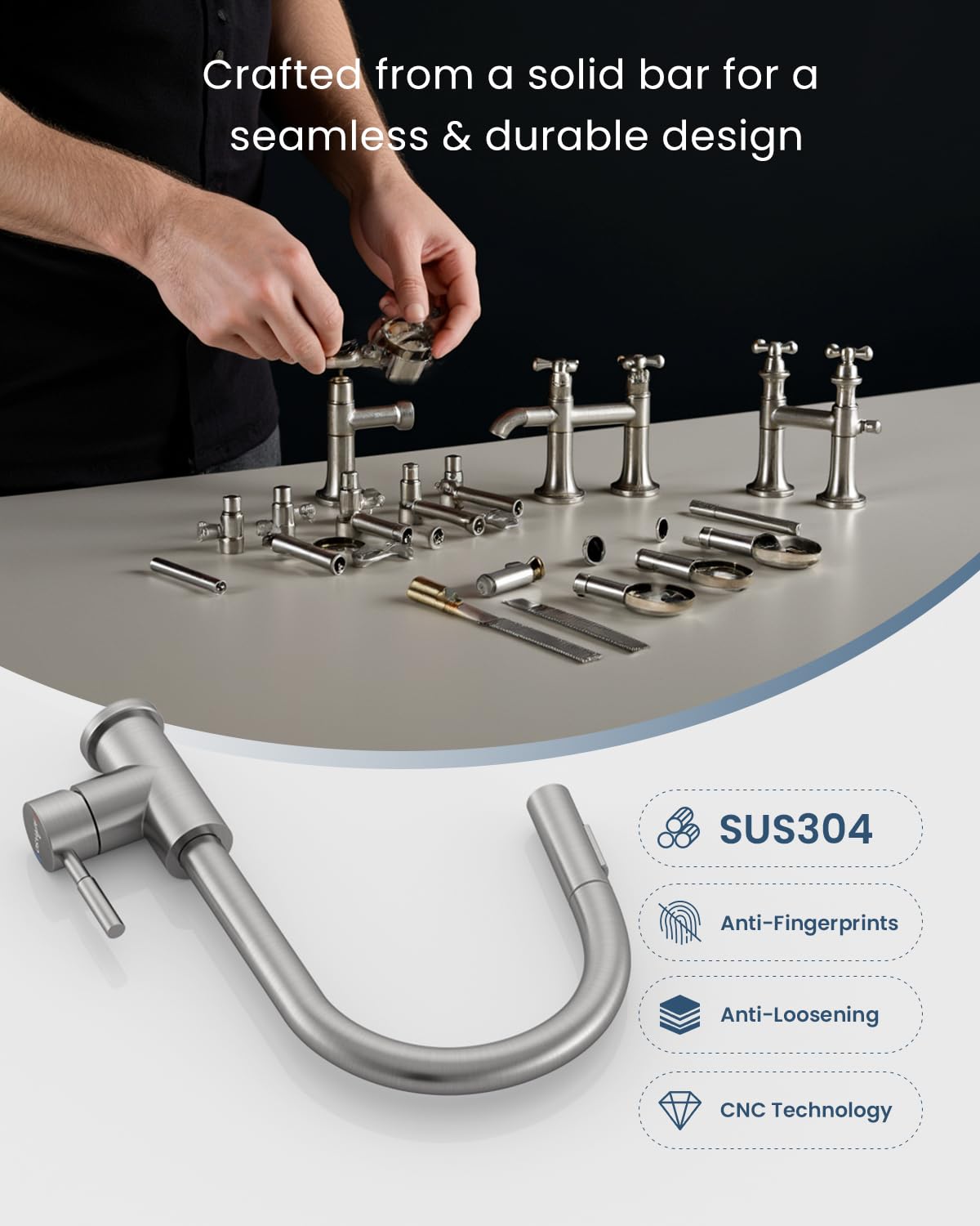 APPASO Niederdruck Armatur Küche, Niederdruck Küchenarmatur Ausziehbar, Wasserhahn Küche 3 Anschlüssen, Spültischarmatur Niederdruck mit 2 Strahlarten für Boiler Gebürstet