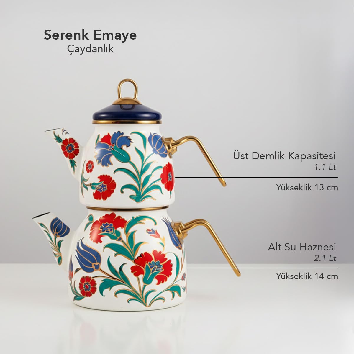 Serenk Emaille-Teekannen-Set 2-teilig, 1,1/2,1 L, Golddetails, Induktion | Marineblauer Deckel, Gold-Chrom-Griffe, Emaille-Dekor, alle Herdarten inkl. Induktion, spülmaschinengeeignet, Made in Türkiye
