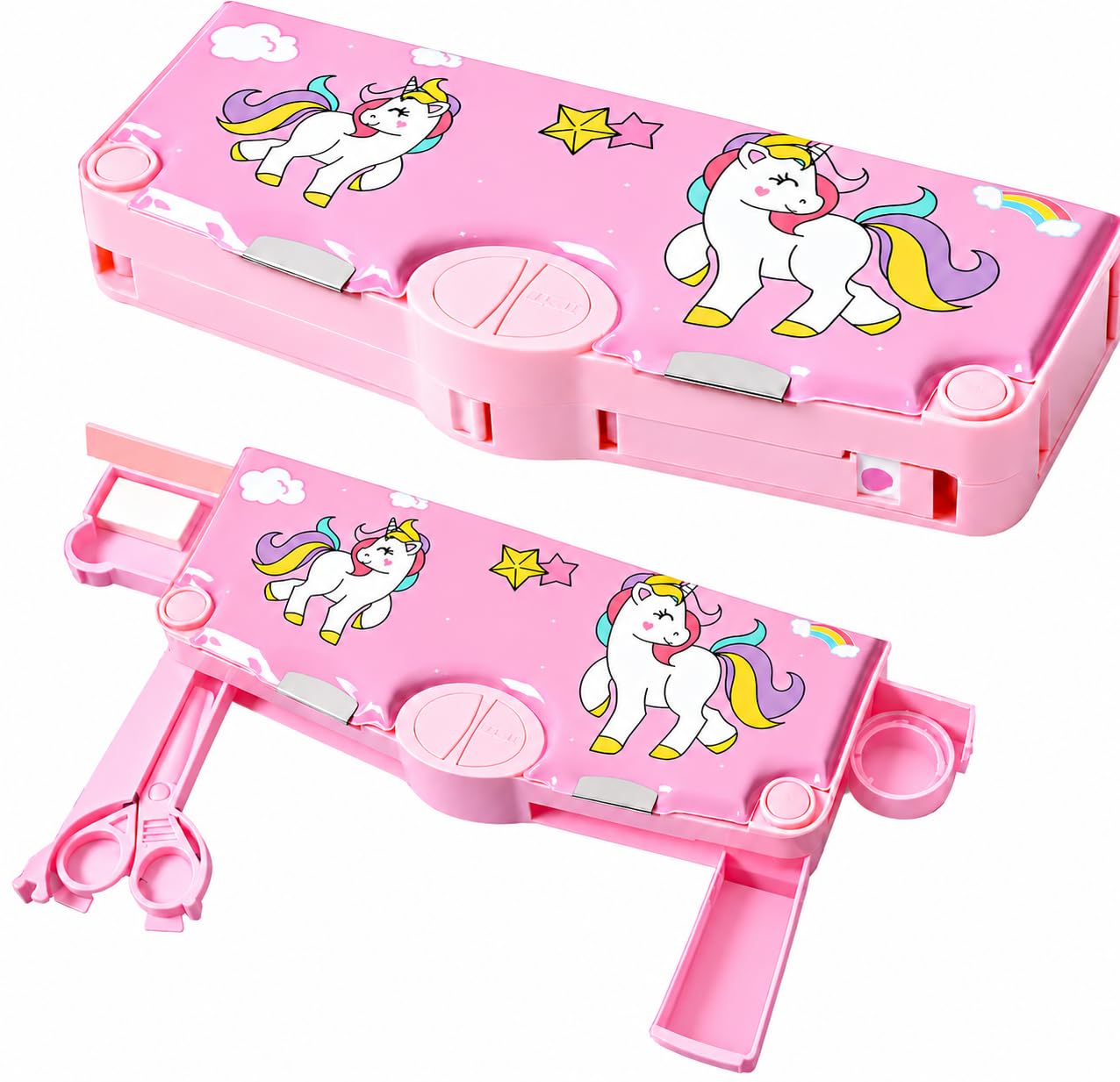 Unicorn Magnetic Pencil Box for Kids | Large Capacity 3-Compartment Stationery Organizer with Sharpener, Scissors, Tape, Pen Holder & Magnetic Lock | Durable Pencil Case for Girls (Pink Unicorn)-image-6