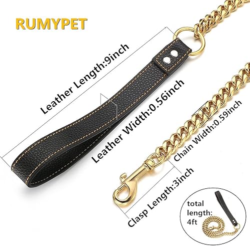 Miniatura 8 de Correa de perro de oro rosa de 0.59 pulgadas, cadena de eslabones cubanos de acero inoxidable duradero con mango de cuero para perros pequeños,