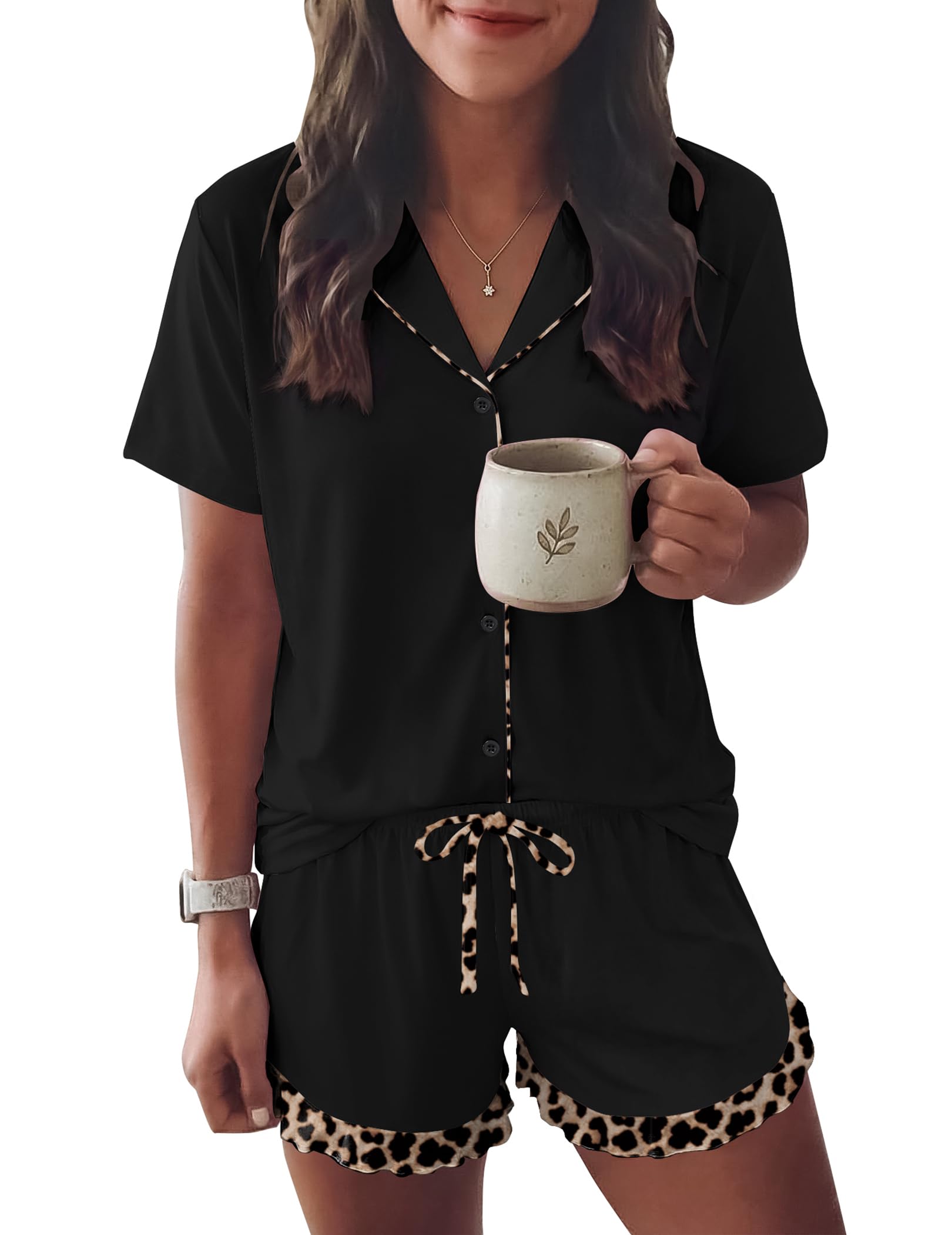 Ekouaer Womens Pajama Sets Button Down Cute Ruffled Pjs Set Sleepwear