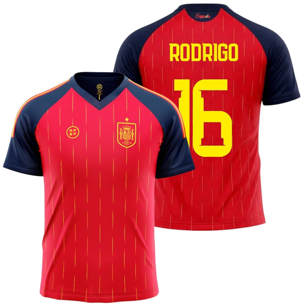 Camiseta España 2026-2028 | Rodrigo 16 Dorsal y Nombre | Color Rojo con Detalles Azul Marino | Manga Corta | Diseño Futbol Aficionados | Tejido Transpirable Deportivo