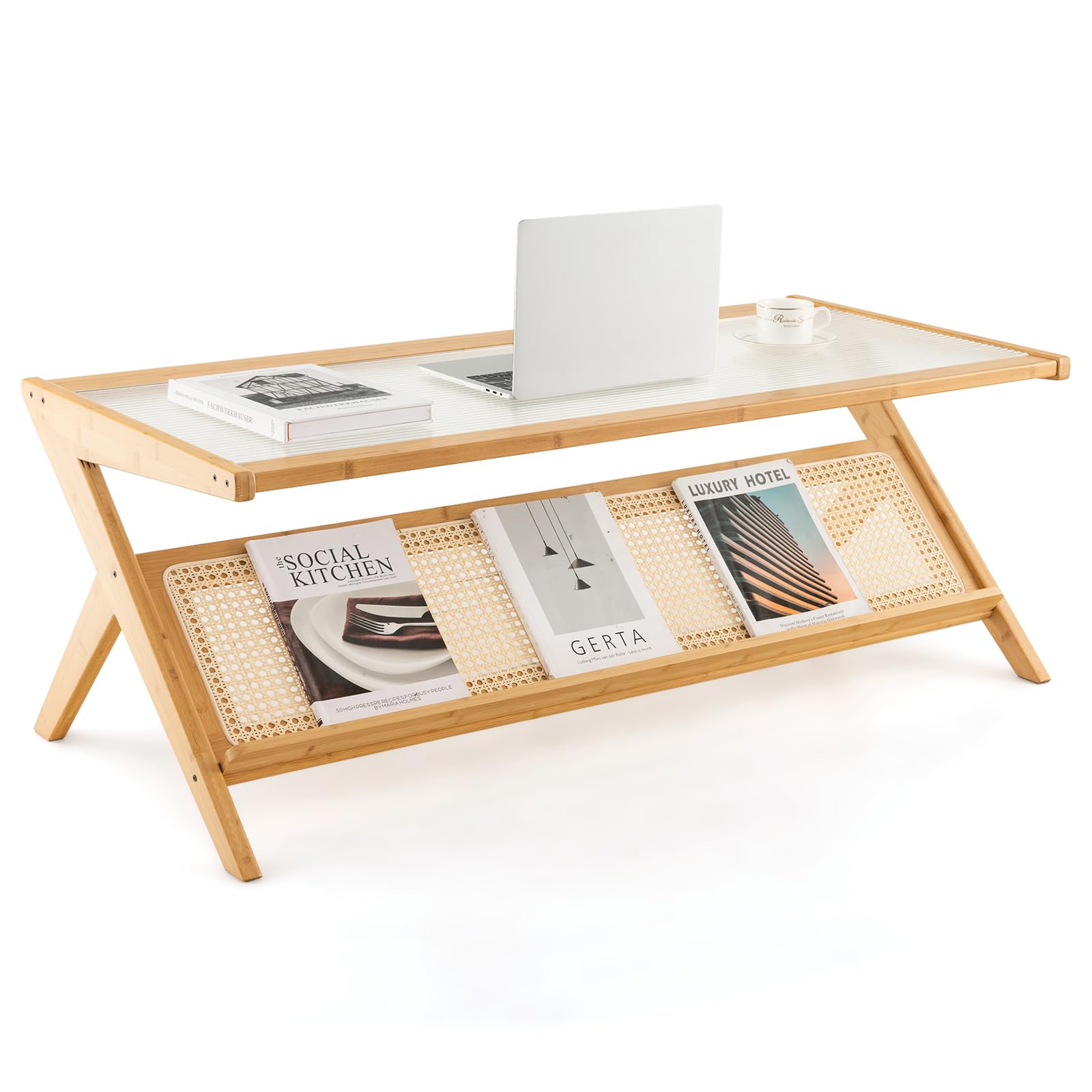 Table Basse Ovale GIANTEX - Verre Trempé Et Rotin, Rangement 2 Niveaux, Style Scandinave Pour Salon