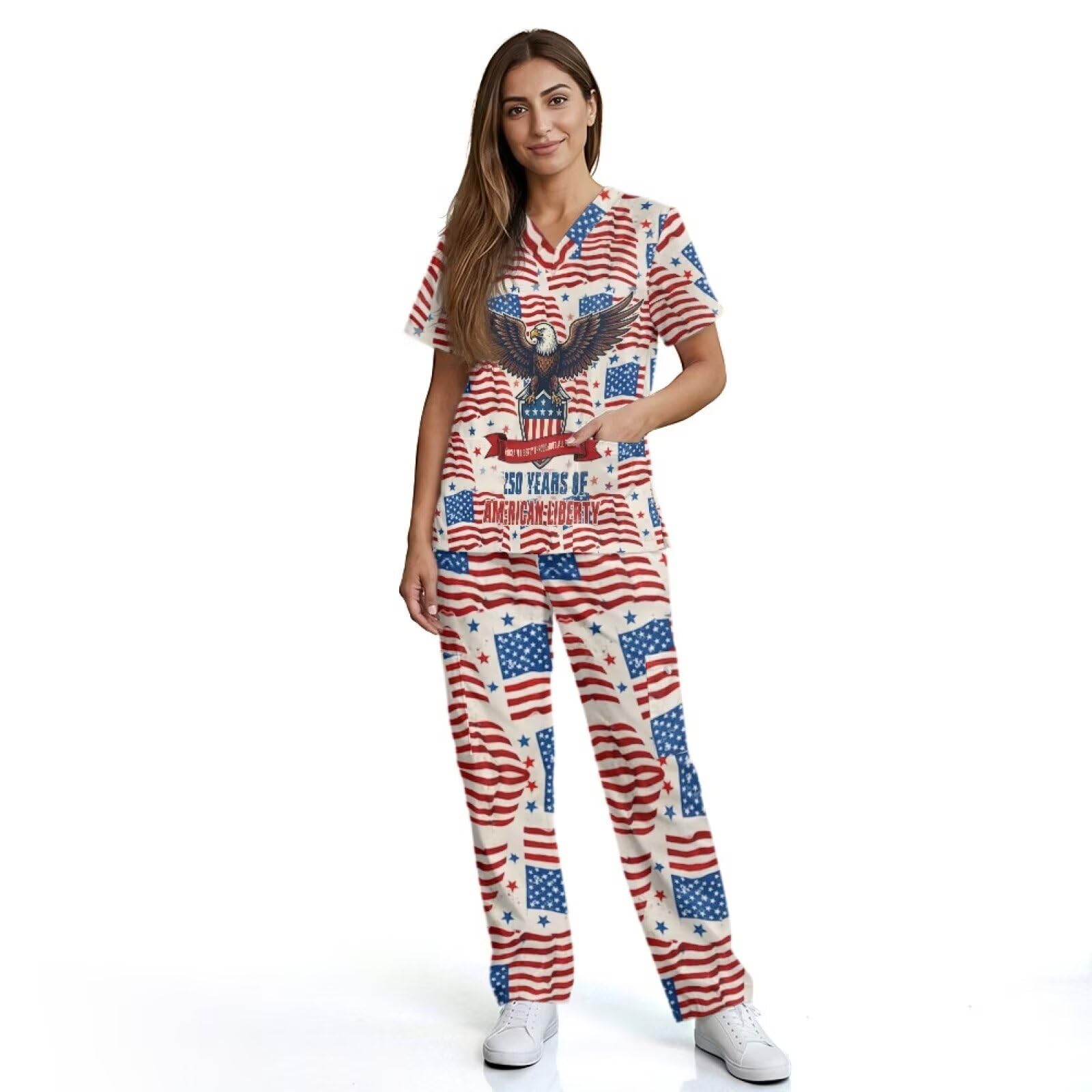 250th Anniversary USA Scrubs Set Women with Tall Scrub Pants Eagle American Flag Scrub Tops for Women Medical Assistant Accessories