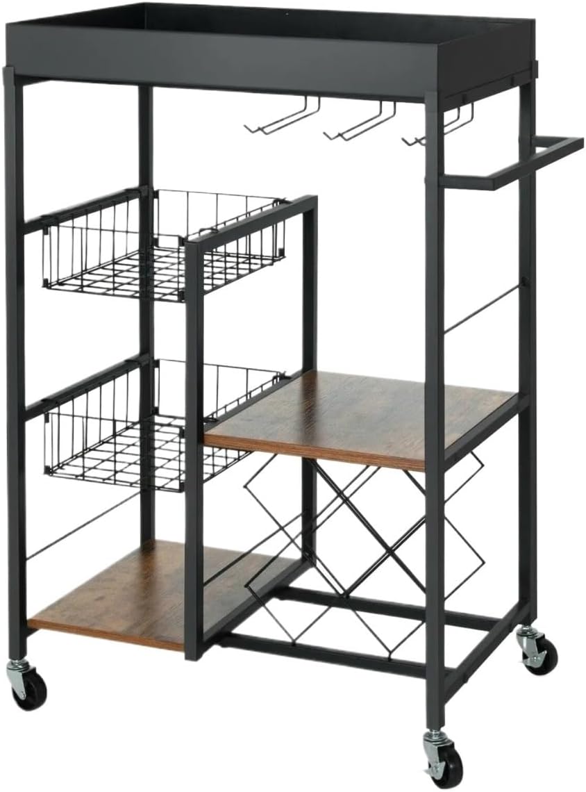 Storage Trolley 4-Tier Kitchen Bar Cart Rolling Serving Trolley Wine Rack Removable Tray Basket Shelving Organizer