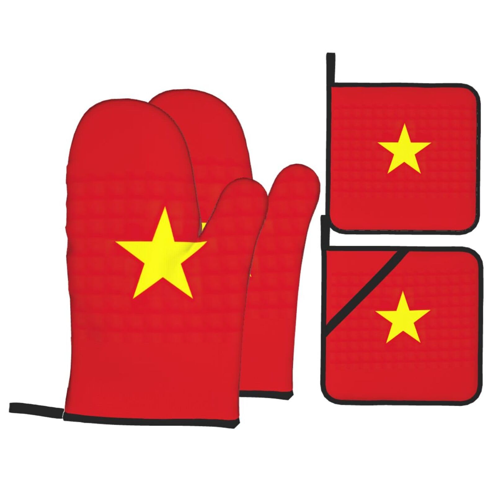 Nimongt Black Vietnamese Flag Print Heat-Resistant 4-Piece Oven Kitchen Gloves For Baking Cooking Microwaving Essentials