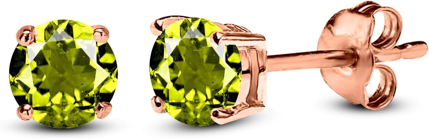 Pure 925 Silver 18k Rose Gold Plated Round Green Peridot Solitaire Stud Earrings