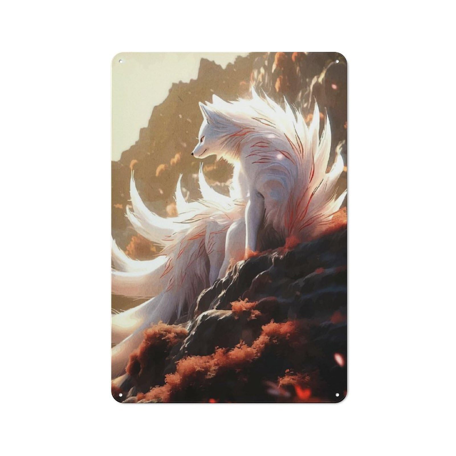Junmoney Style-24 Smart Office Metal Sign 30X20cm Featuring Nine-Tailed Fox In Mountain Landscape, Study Room Decor For Workspace, Cafe, Shop Or Desk Area