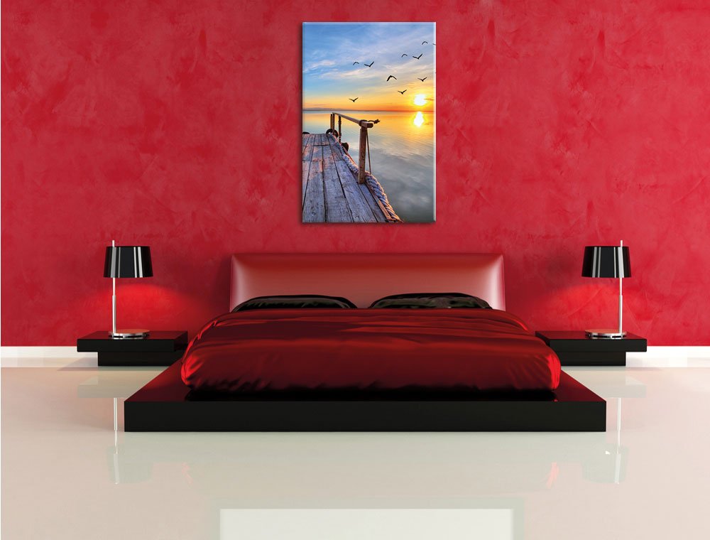 Pixxprint Steg mit Möwen bei Sonnenuntergang als, Größe: 120x80cm, Leinwandbild, fertig gespannt, Wandbild, Dekoration, Kunstdruck, kein Poster