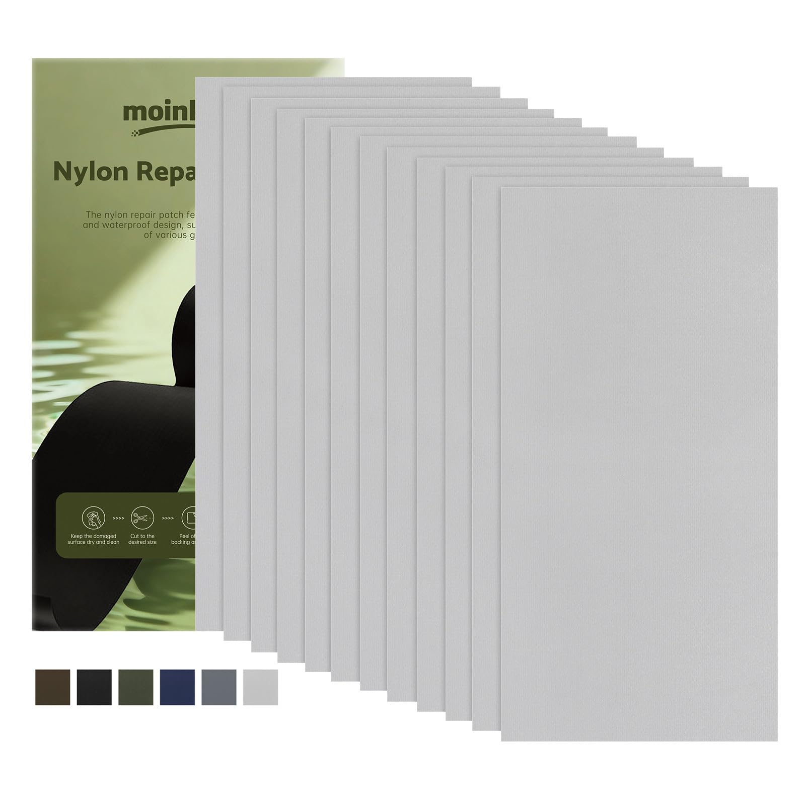 moinkerin Nylon Repair Patch Self Adhesive 12PCS 10x20cm | Waterproof Fabric Repair Tape for Tent, Down Jacket, Backpack, Sleeping Bag, Outdoor Camping Gear