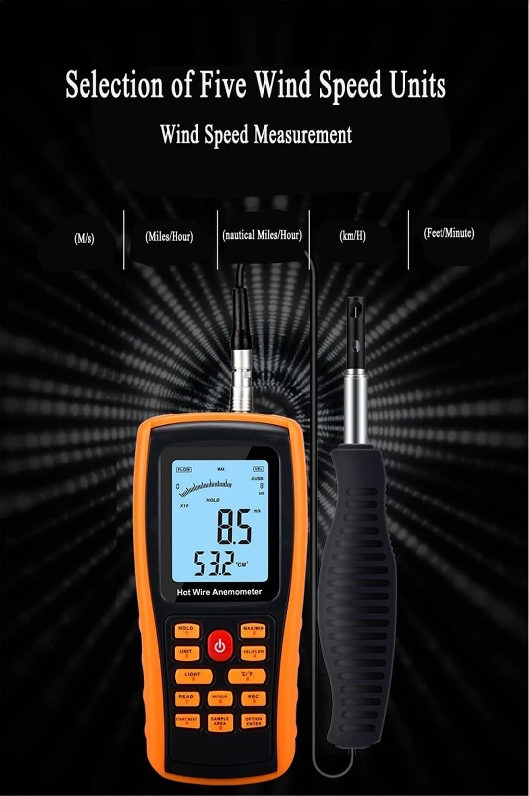 Anemómetro digital portátil de hilo caliente con pantalla LCD de 2,6 pulgadas for medir la velocidad del viento y la temperatura.