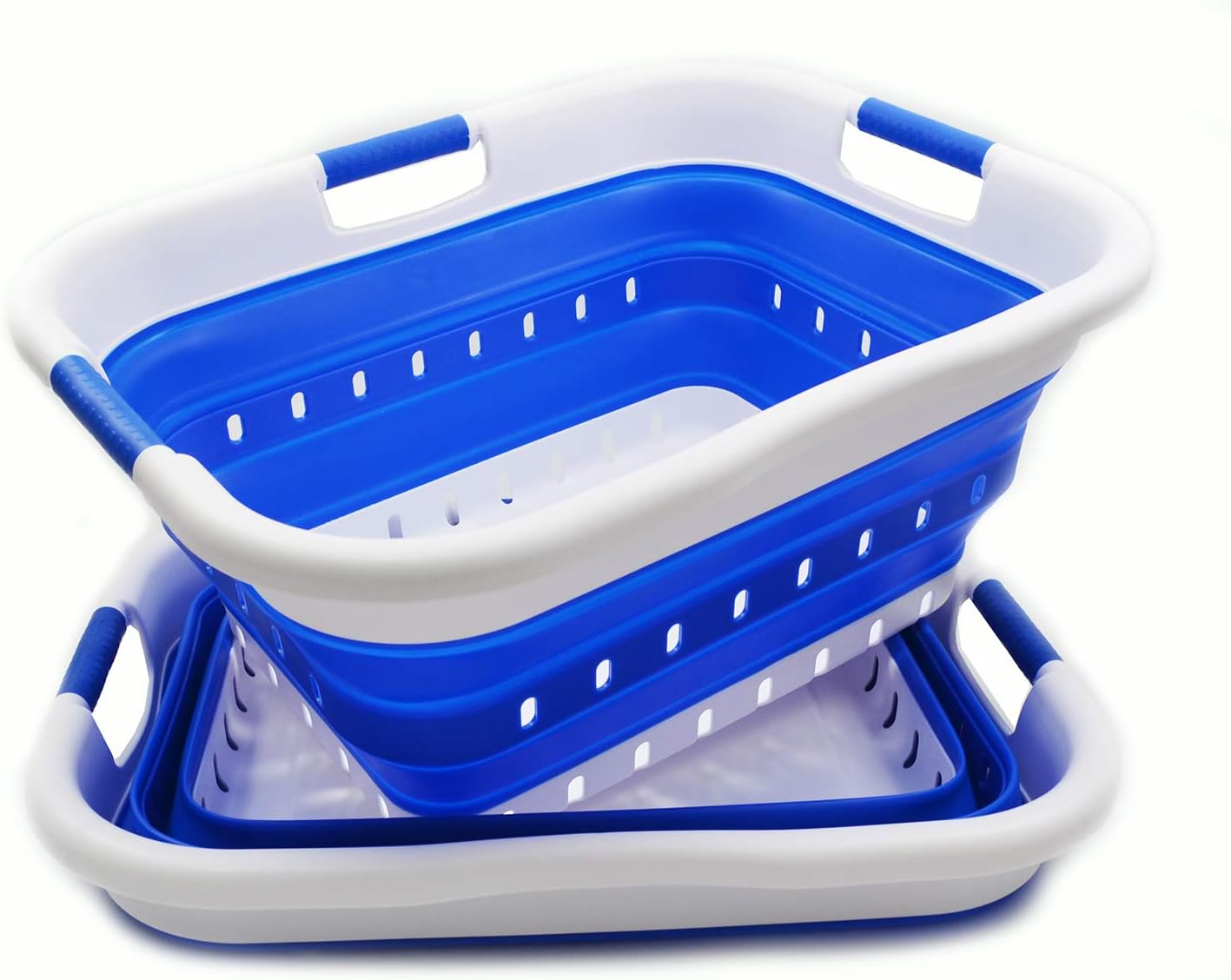 SAMMART 41L Set of 2 Collapsible 3 Handled Plastic Laundry Basket - Foldable Pop Up Storage Container/Organizer - Portable Washing Tub - Space Saving Hamper/Basket (2, White/Dark Blue)