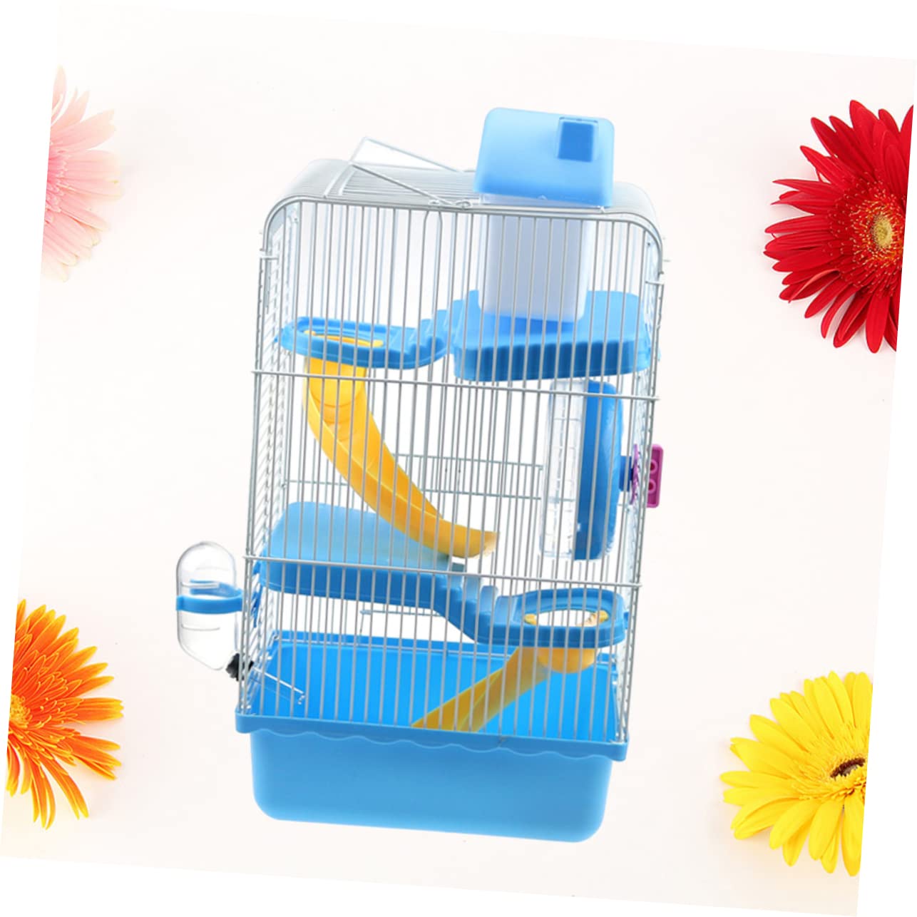 Gabbia per Criceto a Tre Livelli Ruota e Beverino Antiperdita | Blu, Pp e Ferro, Design a Scorrimento Multilivello, Struttura Resistente per Uso in Casa