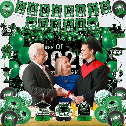 Image of DARUNAXY Green Graduation Party Decorations, Green Class of 2026 Graduation Banner, 2026 Congrats Grad Honeycomb Hanging Swirl Confetti Balloon Congratulations Graduates Party Supplies(25PC)