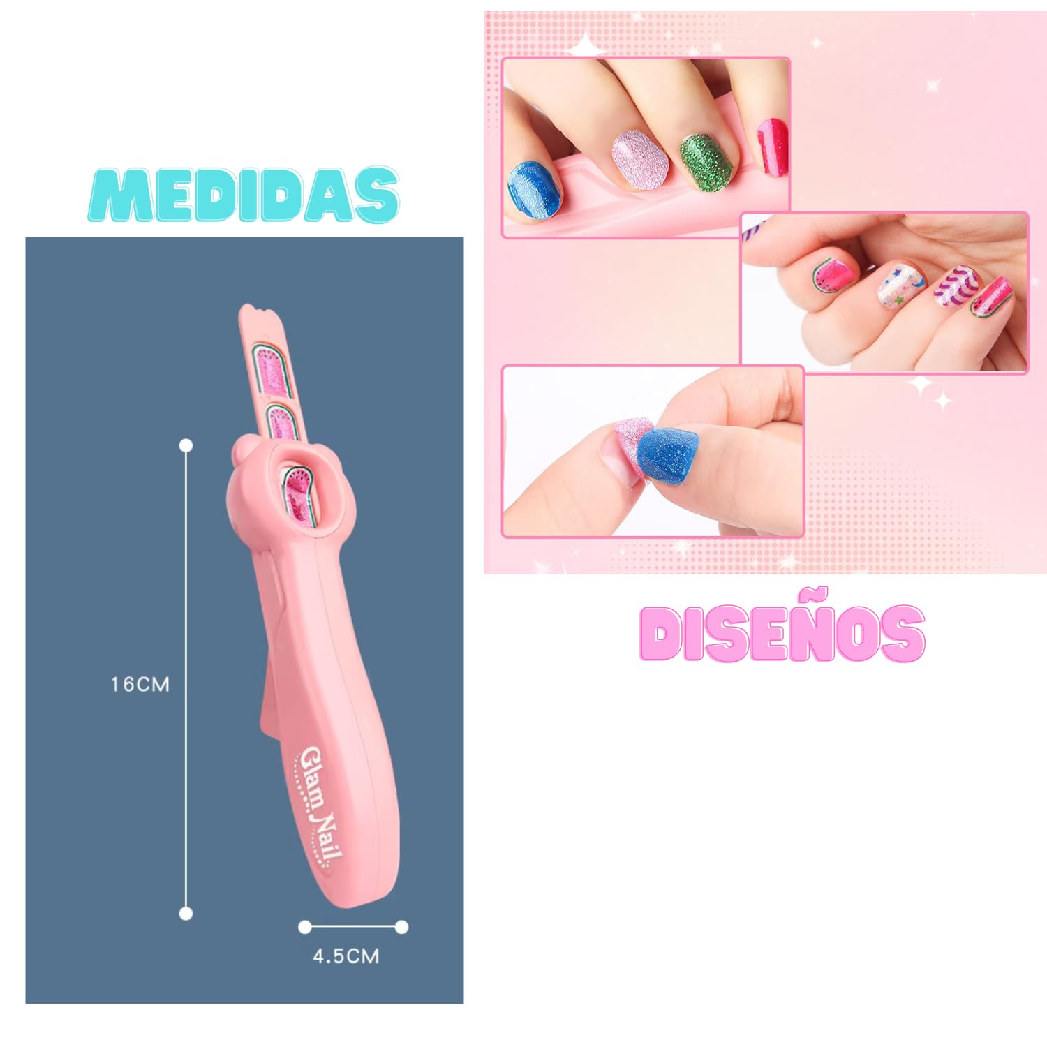 GLAM NAIL - Maquina Uñas Niñas, Kit Pegatinas Para Niña, Set Laminas Manicura, Juguetes Stickers Nails, Recambios Cosas Belleza Infantil, Juegos Con Pintauñas, Regalo Niños 6 7 8 9 10 11 12 Años