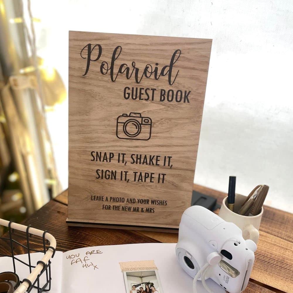 Luck and Luck Personalised Wedding Guest Book Sign, Wooden Oak Veneer Wedding Polaroid Table Sign, Photo Wedding Guest Book Decoration