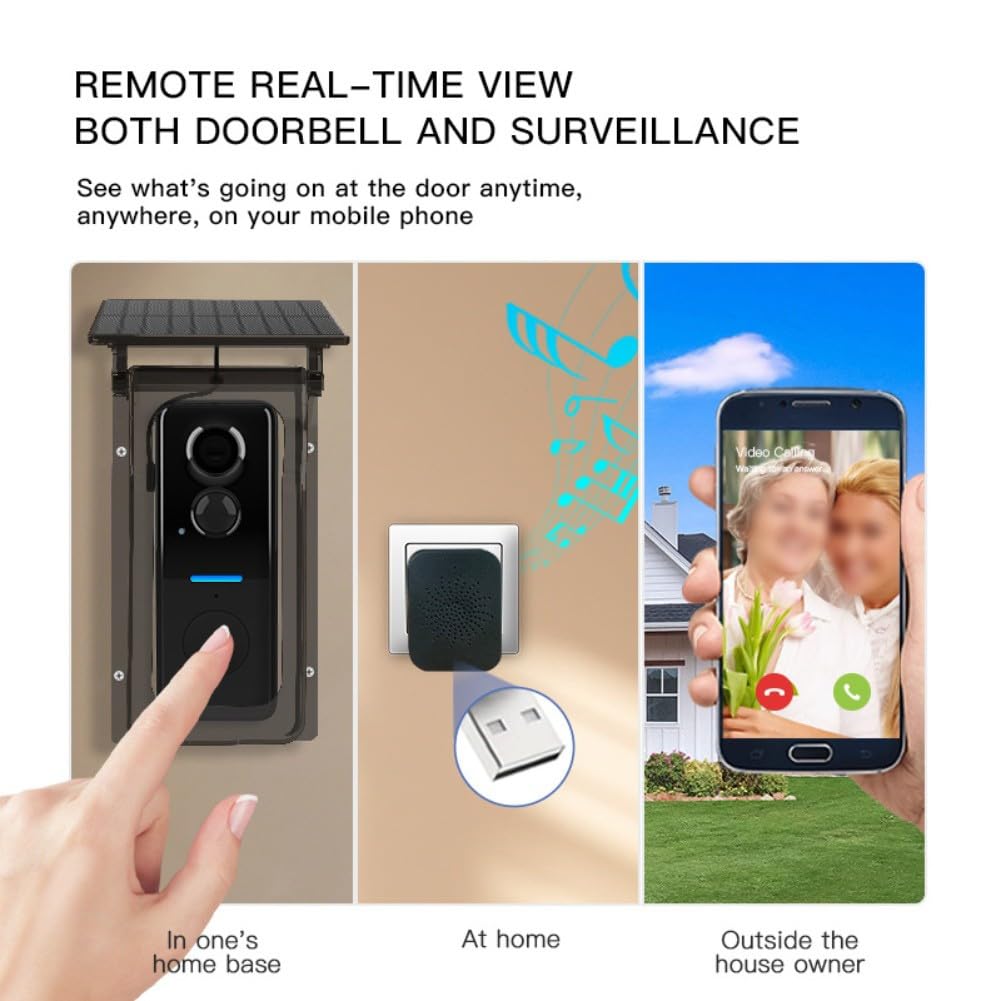 Whychstore Caméra de Sonnette Sans Fil avec Couverture Solaire, Vidéo 1080P, Interphone avec Vision Nocturne et Détection de Mouvement PIR, Sécurité Intelligente pour la Maison IP65 Étanche pour Tuya