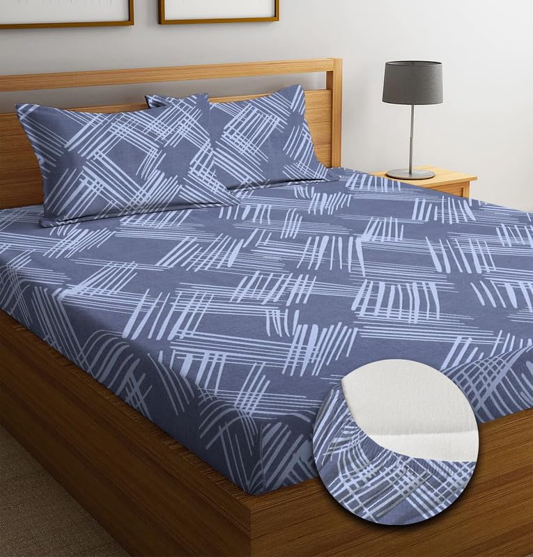 Image of NEW LEAF Premium Cotton Elastic Fitted Bedsheets with 2 King Size Pillow Covers | Double Bed with All Around Elastic 180 TC Supersoft |Size-72 King Sizex78+10 inches | Texture, Grey & White