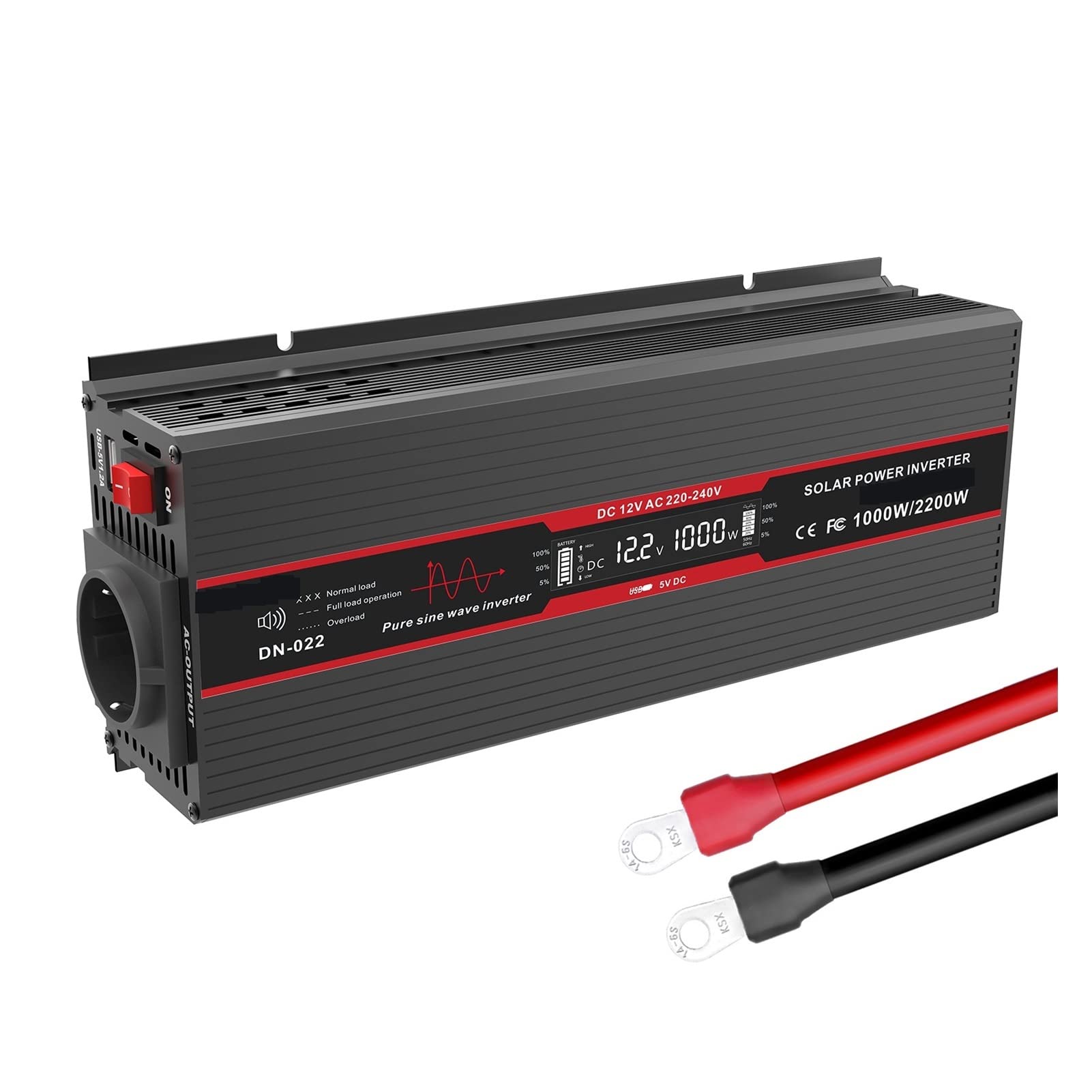 CUDTAPI Pure Sine Wave Inverter Voltage Converter DC 12V To AC 2200W Continuous Power 1000W USB 5V2.1A LED Display(Inverter Black)