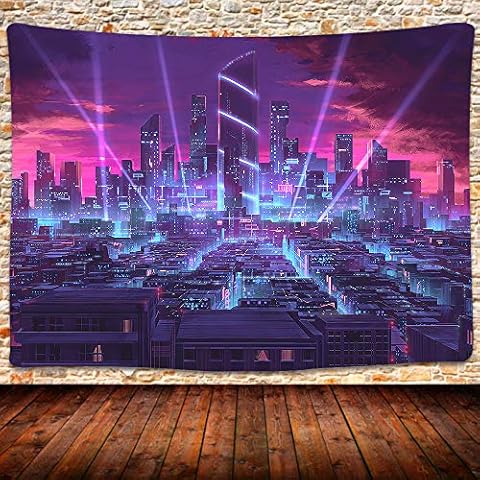 UHOMETAP Psychedelic Punk Style City Tapestry, Light Night Cityscape Wall Hanging Tapestries 80x60 Inches Blanket for Living Room Bedroom Home Decor GTWYUH105 Cover