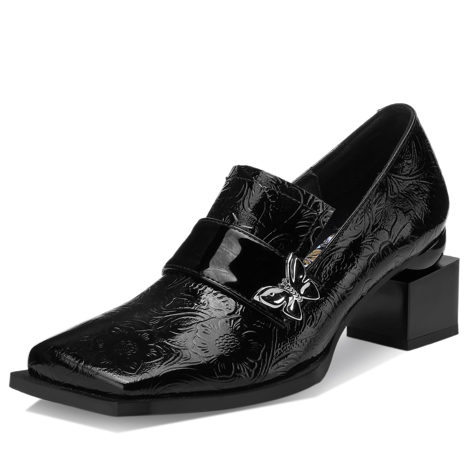 TDD Loafers for Women Patent Leather Buckle Square Toe Chunky Block Dress Slip On Wide Casual Comfortable Dressy High Heels Ladies Comfort Moccasins