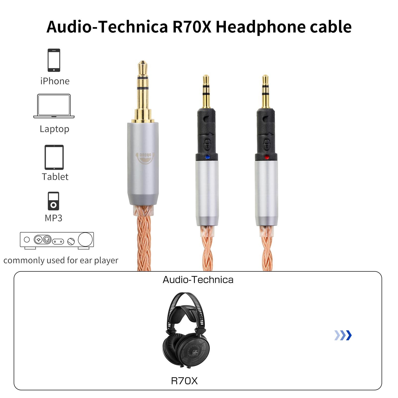 okcsc Cable de repuesto mejorado ZT16 R70X R70XA, cable de auriculares dual R70X a 3,5 mm, cable de cobre libre de oxígeno OFC de 16 núcleos, funciona para auriculares R70X R70XA de 4.92 pies