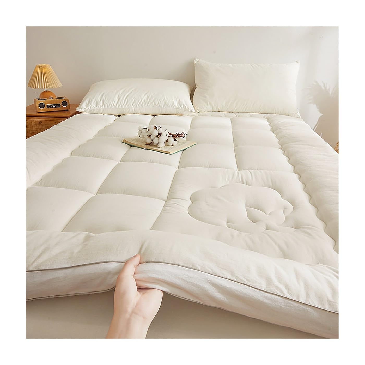 OBONG Matratzen Topper 90x200cm/180x200cm Ultraweich Und Strapazierfähig 100% Baumwolle Matratzenauflage 6cm Höhe Flauschiger Matratzentopper Mit Bändern(White,TWIN-90x200cm)