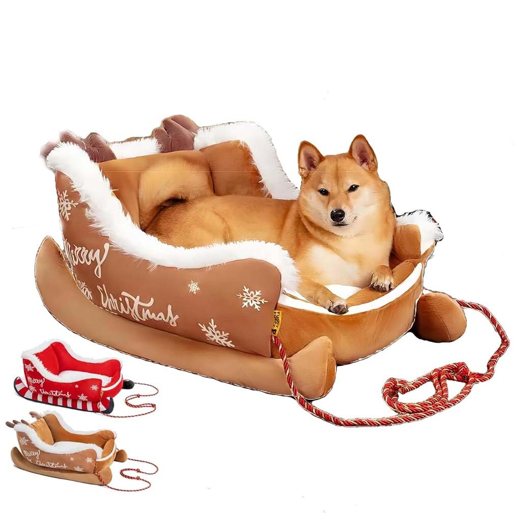 LUCKKY Festive Plush Cosy Dog Bed - Christmas Sleigh, Interesting Red Christmas Cat Dog Bed, Washable Durable Cozy Comfort, Soft Plush Pet Bed with Drawstring for Small & Large Pet (Brown, S)