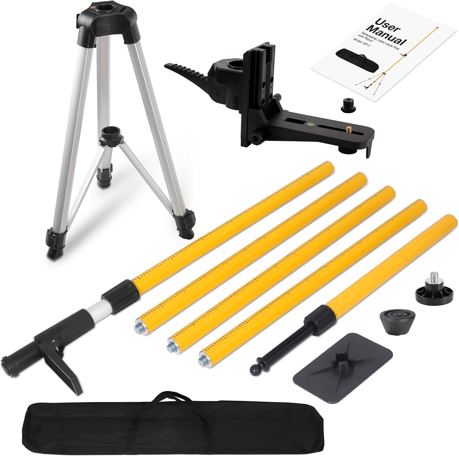 MOETER Telescoping Laser Level Pole Kit - 12Ft./3.6M Adjustable Pole with Tripod, Spring-Loaded Base & Mount for Rotary/Line Lasers (1/4"-20 & 5/8"-11 Adapters)