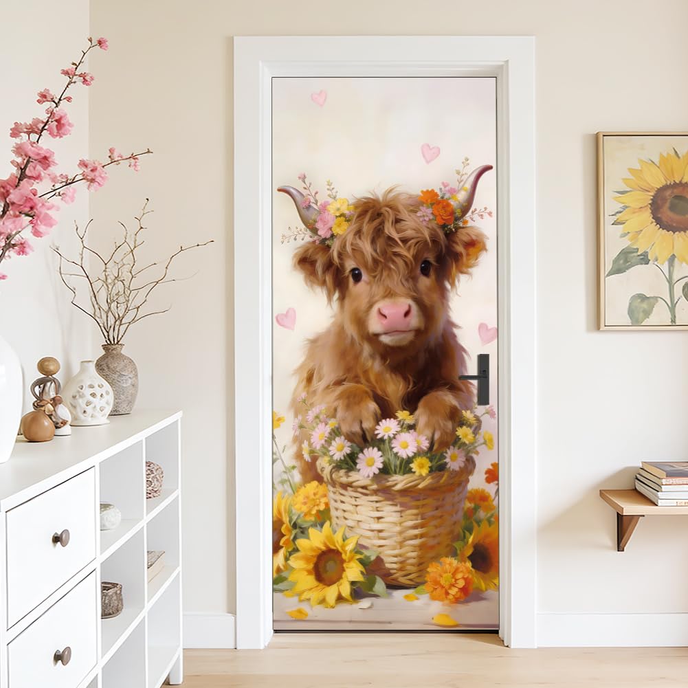 arricraft 2 Sheets Self-Adhesive Door Sticker, 80cmx200cm/31.5x78.7inch Flower Highland Cow Pattern Door Murals Stickers PVC Removable Wallpaper Decoration for Bedrooms ​Living Room